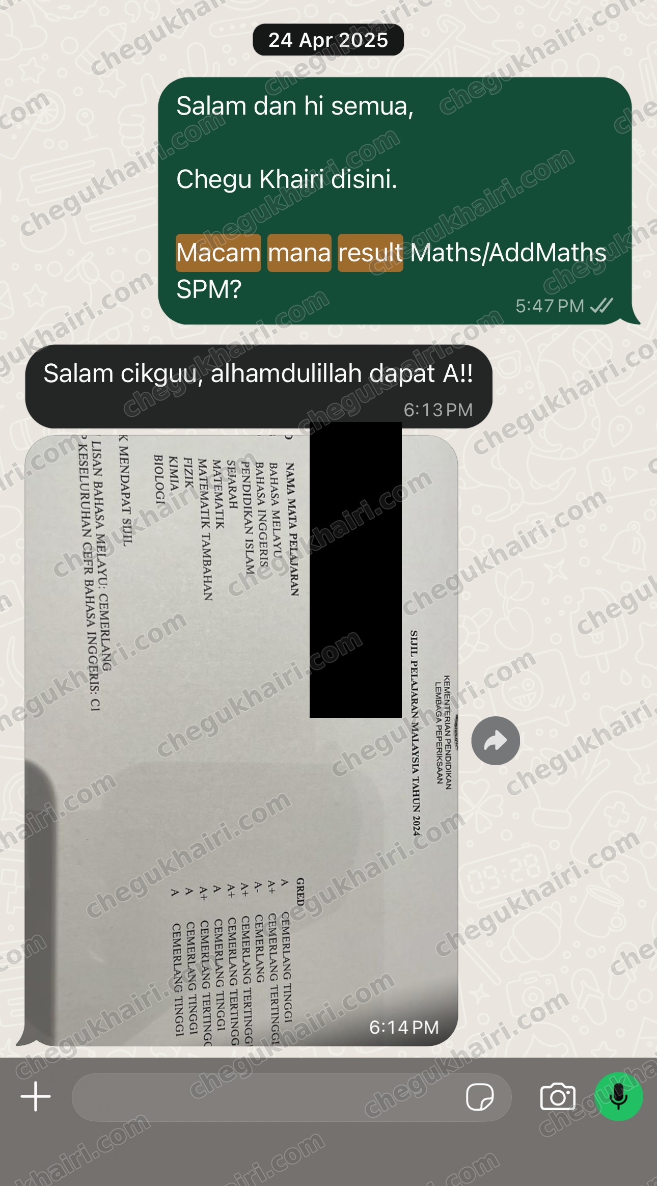 SPM 2024 - SPM result slip showing A- in Add Maths, sent on results day. Name, IC, index number and school blacked out.