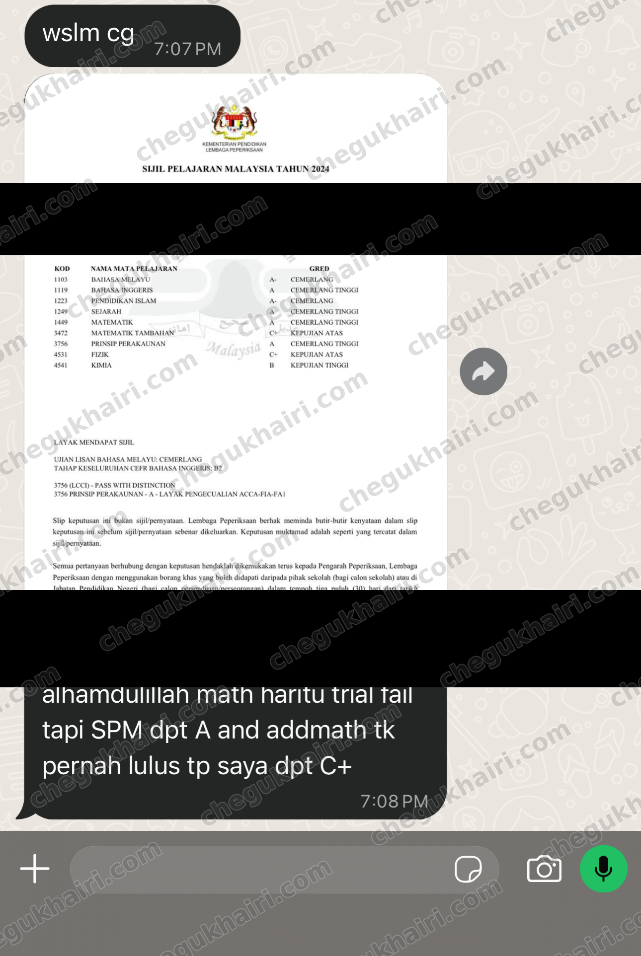 SPM 2024 - SPM result slip: A in Mathematics after failing the trial, and C+ in Add Maths - a first ever pass in the subject.
