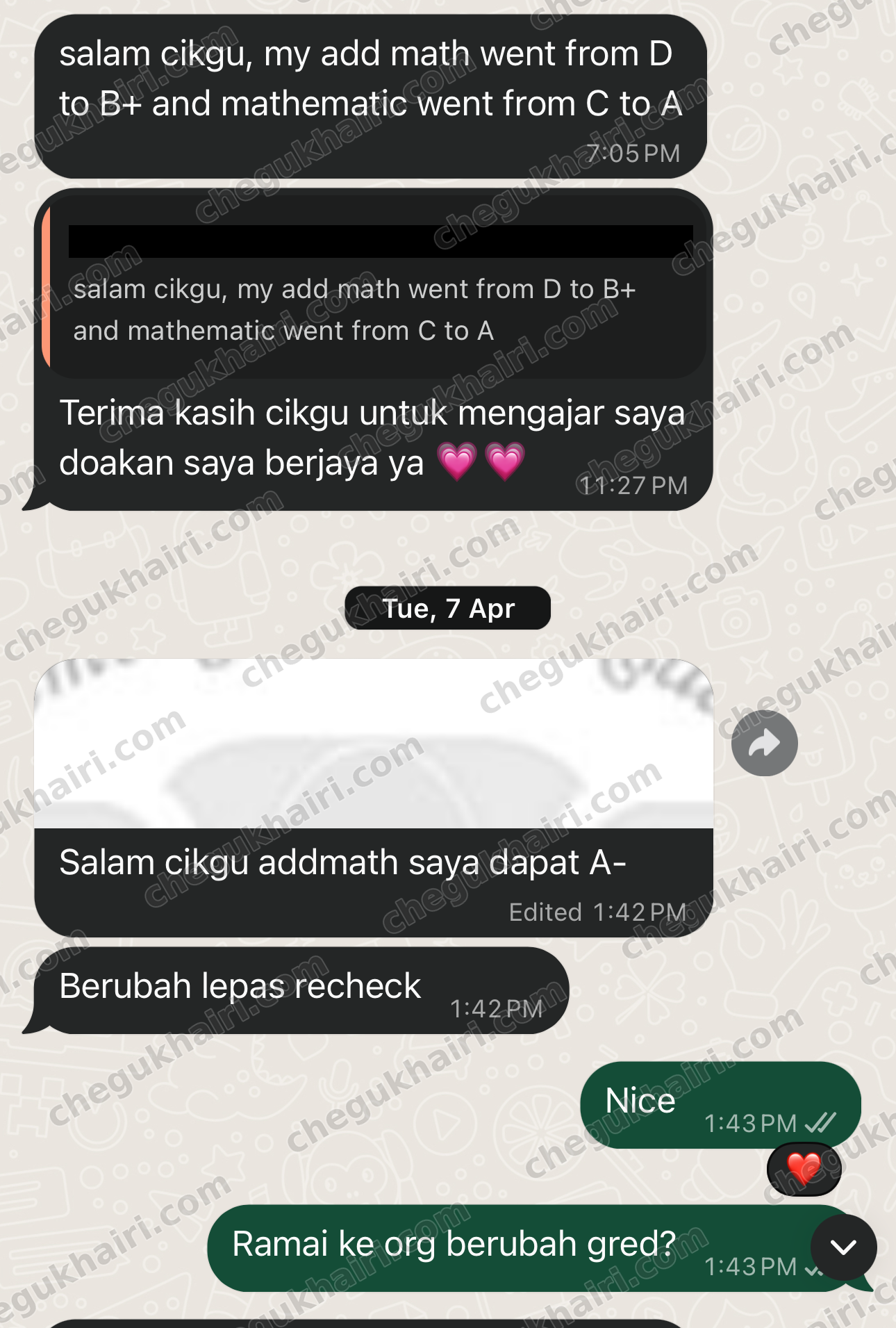 SPM 2025 - Add Maths from a D to a B+ and Mathematics from a C to an A; Add Maths moved to A- on recheck.