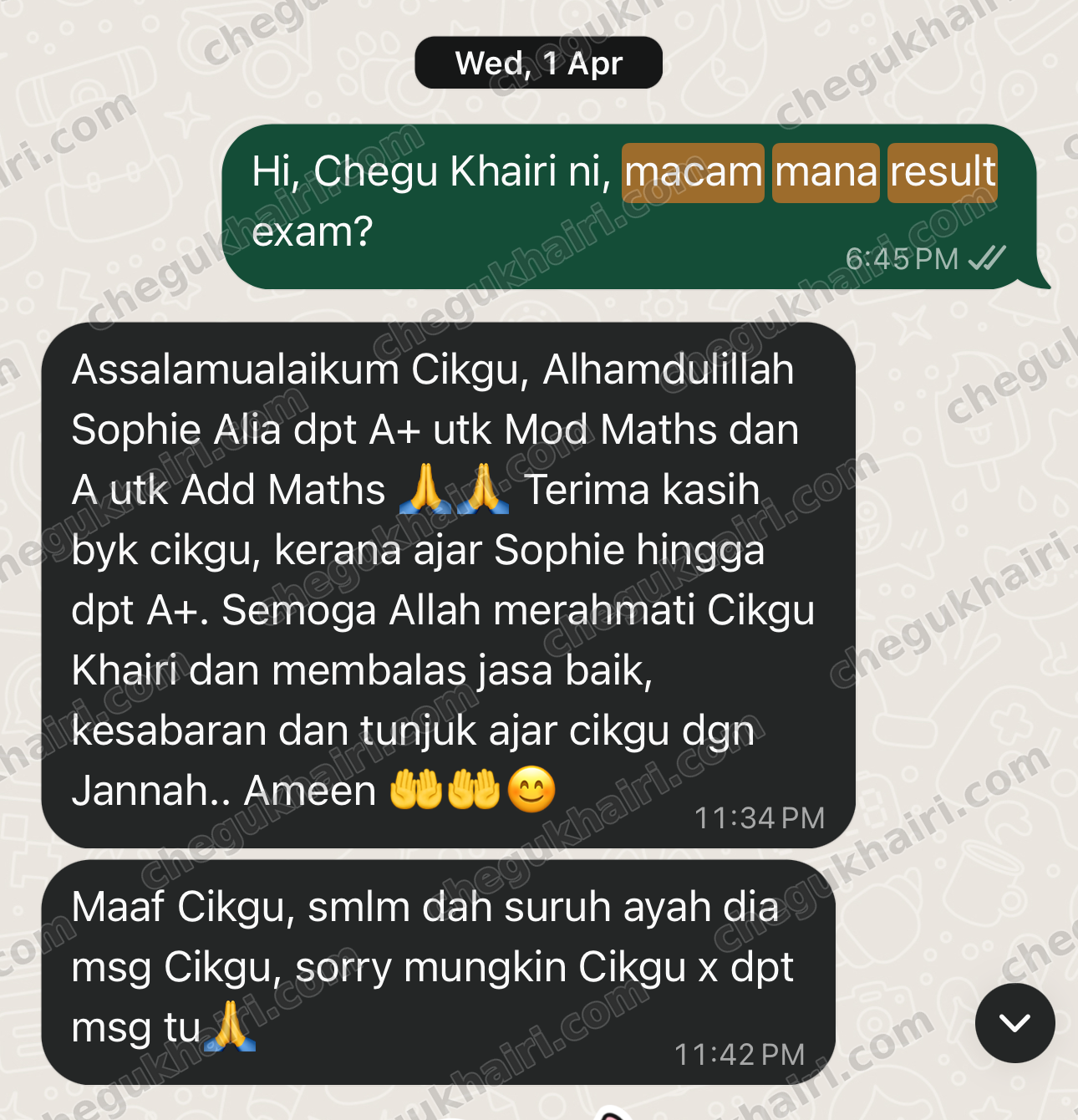 SPM 2025 - A+ in Modern Maths and A in Add Maths, sent by a parent on results day.