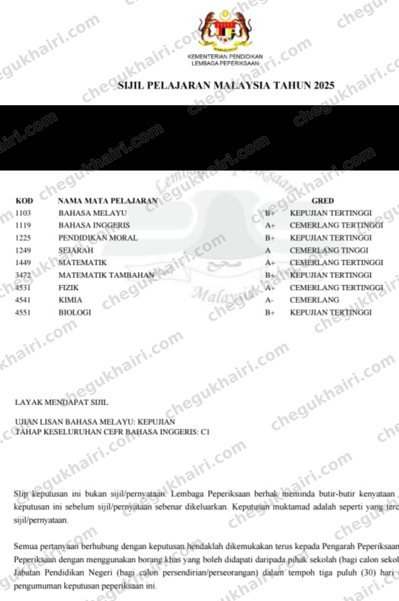 SPM 2025 - SPM result slip: A+ in Mathematics and B+ in Add Maths. Name blacked out.